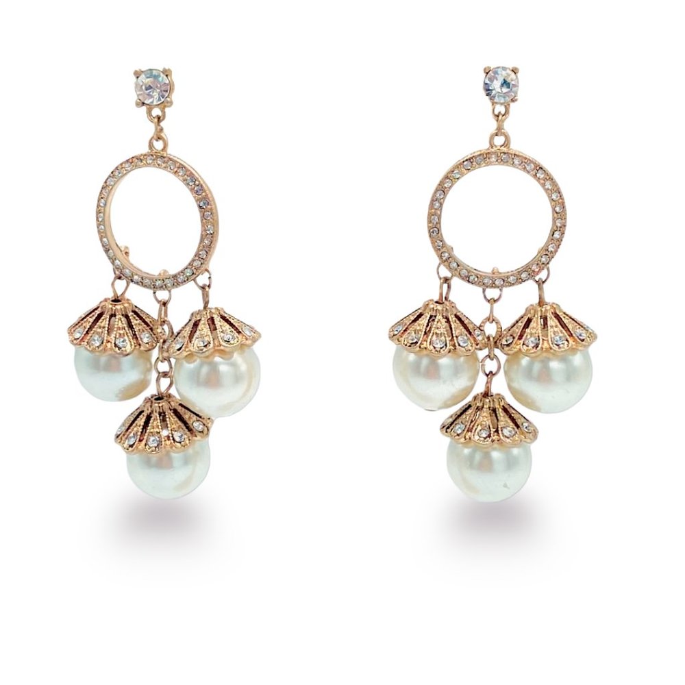 NEW Badgley Mischka Gold Hoop Crystal Earrings with Pearl Drops Wedding Jewelry